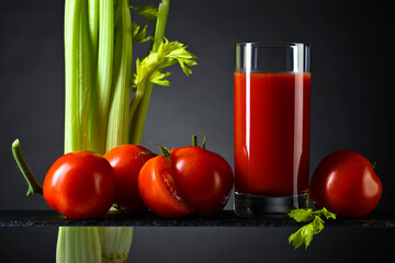 Tomato juice with tomatoes and celery sticks
