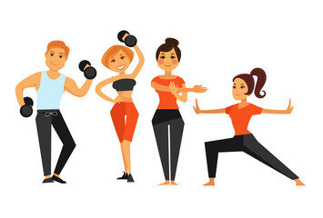 Man and woman in gym making sport fitness exercises vector icons