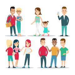 Obraz premium Flat male smartphone woman girl vector set. Social concept.