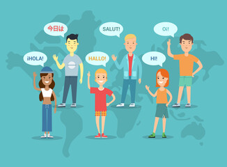 Flat teens world map background vector. Global communications.