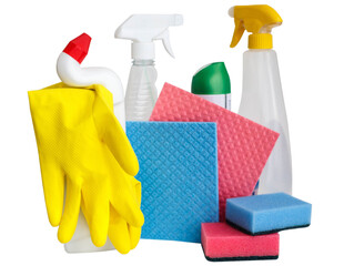 Cleaning Products Isolated. Colorful bottle, sponge and rubber glove