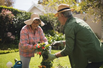 Smiling senior couple holding plants in yard
