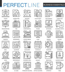 Business essential outline concept symbols. Strategy management perfect thin line icons. Modern stroke linear style illustrations set.