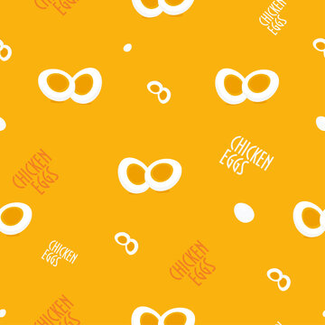 Chicken eggs wrapping paper seamless pattern or packaging print. Text "Chicken eggs".