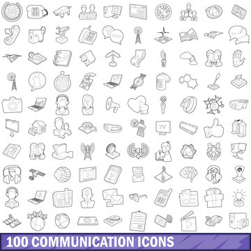 100 communication icons set, outline style