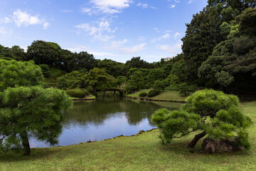 Fototapeta na wymiar Pond and green trees in Japanese traditional Rikugien garden in Tokyo city during the sunny autumn day