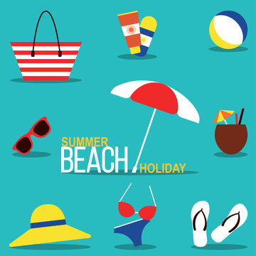 Summer beach holiday Vector illustration Set for beach rest in flat design: beachwear, footwear and accessories Set of icons for relaxing on the beach
