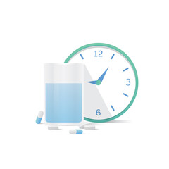 Cup of water and clock  and capsules medicine and pills illustration vector on white background. Health concept.