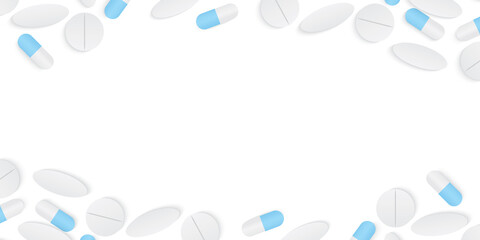 Blank frame capsules medicine and pills top view illustration vector on white background. Health concept.