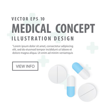Banner capsules medicine and pills top view illustration vector on white background. Medical concept.