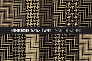 Brown Houndstooth Tartan Tweed Vector Patterns. Men's Fall or Winter Fashion. Father's Day Background. Traditional Formal Dogs-tooth Check Fabric Textures. Pattern Tile Swatches Included - obrazy, fototapety, plakaty