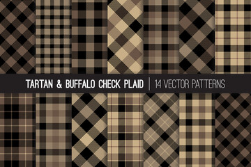 Brown Tartan and Buffalo Check Plaid Vector Patterns. Hipster Lumberjack Flannel Shirt Fabric Textures. Men's Fall or Winter Fashion. Father's Day Background. Pattern Tile Swatches Included.