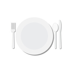Knife fork spoon empty white plate with a rim. Vector illustration flat design. Isolated on background. Cutlery, served table.