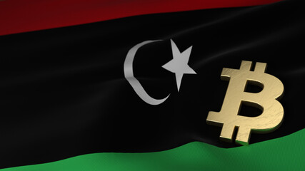 Bitcoin Currency Symbol on Flag of Libya