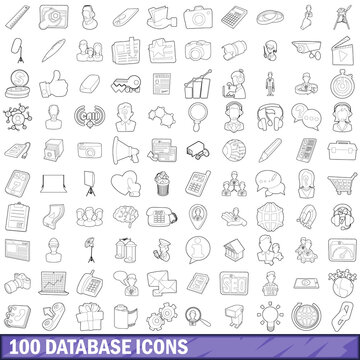 100 database icons set, outline style