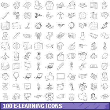 100 e-learning icons set, outline style