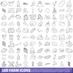 100 farm icons set, outline style