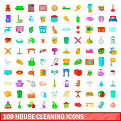 100 house cleaning icons set, cartoon style