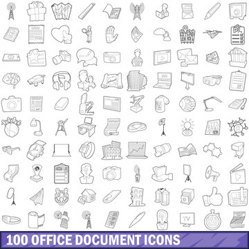 100 office document icons set, outline style