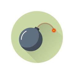 Black bomb icon with burning wick in flat style