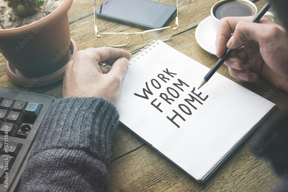 Poster man hand notebook written work from home text