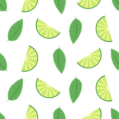 Lime seamless pattern with juicy limes on tree green flat vector. Cool refreshing summer mojito, mint leaves and lime. Floral Pattern. Lemon Fruits Background. Flowers, Leaves, Lemons.