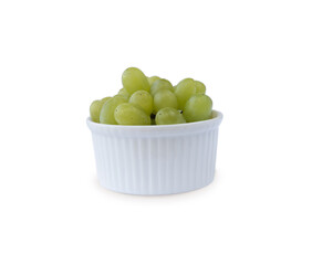 Grapes in a ceramic bowl isolated on white background. Green grapes Kish Mish