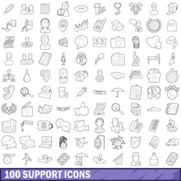 100 support icons set, outline style