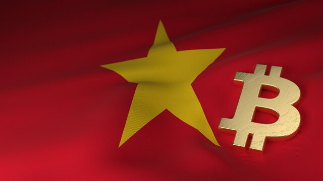 Bitcoin Currency Symbol on Flag of Vietnam