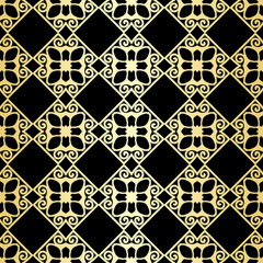 Ornamental wallpaper, vector luxury background. Vintage floral pattern on black with golden gradient.