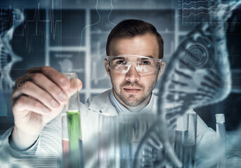 Young scientist mixing reagents in glass flask in clinical laboratory