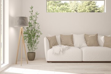 White room with sofa and green landscape in window. Scandinavian interior design. 3D illustration