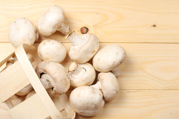 mushrooms on light wooden background. top view with copy space