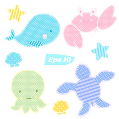 Vector set of cute sea animals in patchwork style. Whale, crab, octopus and tortoise in polka dots - 157319607