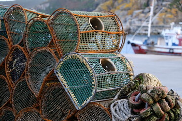 Close Up View of Fishing Traps and Pots Against Port View