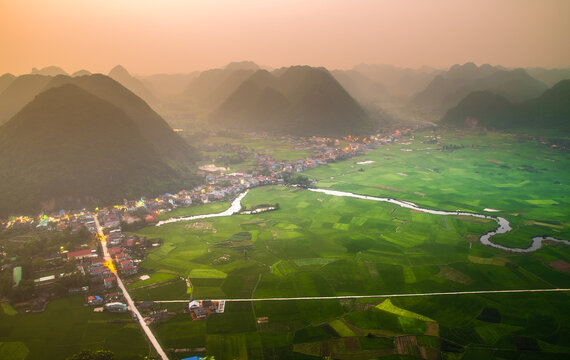 rice field in valley around with mountain in Bac Son, Vietnam.