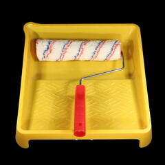 Paint roller with red handle in yellow plastic tray