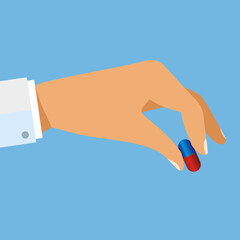 Taking the pills. Doctor hand holding capsule, tablet. Medical treatment concept. Healthcare. vector illustration in flat design.