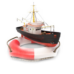 Fishing trawler in lifebuoy