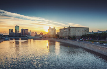 Beautiful cityscape, Moscow city and the river at sunset