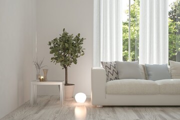 Naklejka premium White room with sofa and green landscape in window. Scandinavian interior design. 3D illustration