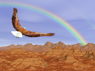 Fototapeta na wymiar Bald eagle flying upon rocky mountains to the rainbow - 3D render