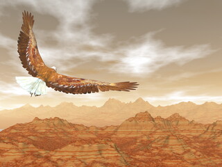 Naklejka na ściany i meble Bald eagle flying upon rocky mountains - 3D render