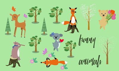 Vector drawn funny animals with trees, flowers, and butterflies. Bears, foxes, coala. Funny forest.
