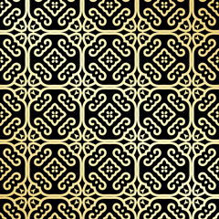 Ornamental wallpaper, vector luxury background. Vintage floral pattern on black with golden gradient.