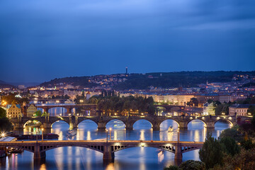 Obraz premium Prague at twilight blue hour, view of Bridges on Vltava