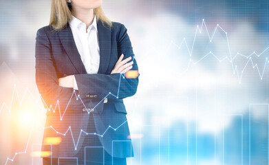 Confident blond broker in a city, graphs