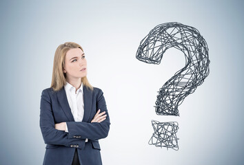 Blond woman with crossed arms and question