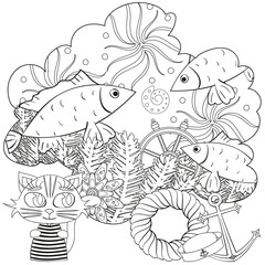 Black and white page for coloring book. Vector elements.