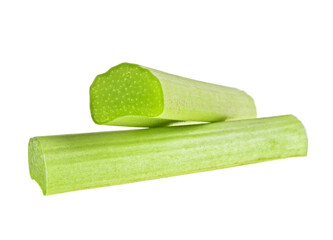 Pieces of fresh rhubarb on a white background